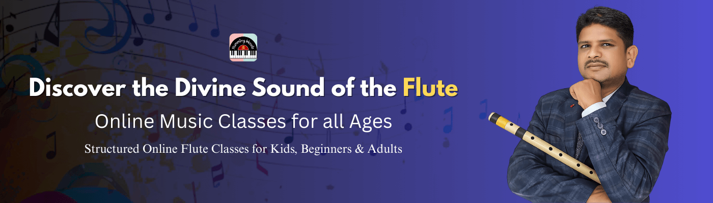 Online flute classes banner with teacher holding bansuri and music-themed background at humming woods school of music