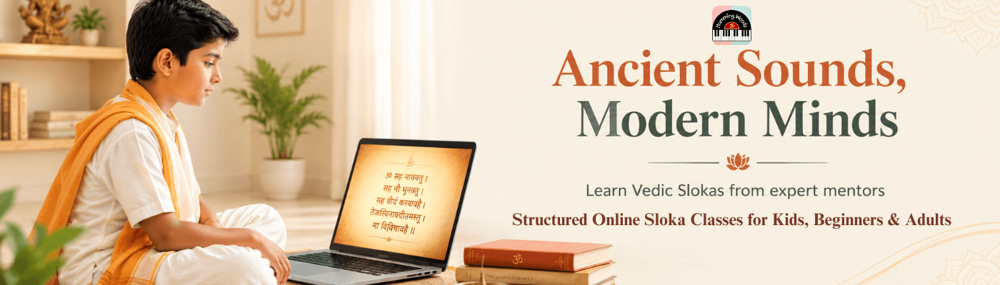 Online Vedic sloka classes by Humming Woods School of Music, featuring a student in traditional attire learning sacred chants on a laptop in a peaceful, light-themed yogic setting