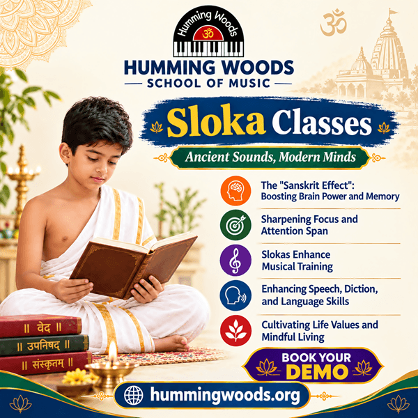 Online Vedic sloka classes by Humming Woods School of Music, featuring a student in traditional attire learning sacred chants on a laptop in a peaceful, light-themed yogic setting